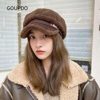 GOUPDO Mũ lưỡi vịt, Cà phê đen trắng màu be giả lông cừu mũ hình bát giác, Mũ len Fedora thông thường dành cho nữ