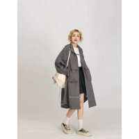 GRacebabi Áo khoác gió có mũ bảo hộ lao động dành cho nữ, áo khoác màu xám dài vừa phải ngoài trời thích hợp