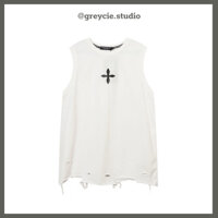 GREYCIE Áo tanktop unisex in hình 3D áo ba lỗ form rộng cotton trắng đen rách S45A1