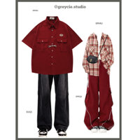 GREYCIE Set đồ đôi đồ couple áo sơ mi đỏ quần bò ống rộng áo kẻ caro quần ống rộng đỏ S99 S99A1 S11Q1 S99A2 S99Q2