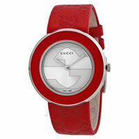GUCCI U-Play Silver Dial Red Leather Ladies Watch, YA129421, 35mm