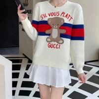 Gucci2145 Gấu Thêu Chữ Sọc Màu Tương Phản Áo Len Nữ