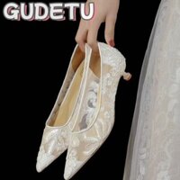Gudetu Giày đế thấp mũi nhọn lưới thêu thanh lịch mới dành cho nữ