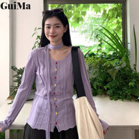 Guima Áo len dệt kim dài tay màu tím mới thiết kế gió ngọt ngào cảm giác mỏng smock nữ hàng đầu thủy triều