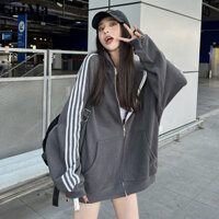 Guima Màu xám đậm có mũ trùm đầu dây kéo áo khoác lông cừu nữ dáng rộng vừa dài