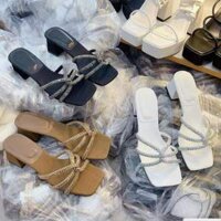 Guốc- Cao Gót 3 Dây Xoàn Chéo Lấp Lánh Đế Vuông Cao 5 Phân Nữ