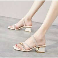 Guốc cao gót đính đá mặt trăng giày nữ đế vuông quai chéo đính đá sang chảnh sandal quai mảnh cao cấp