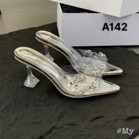 Guốc cao gót hở mũi quai mika trong đính đá, Giày nữ hottrend 2024 gót trong 6.5 phân mã Tv225