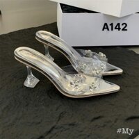 Guốc cao gót hở mũi quai mika trong đính đá, Giày nữ hottrend 2024 gót trong 6.5 phân mã Tv225