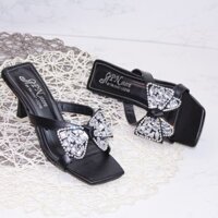 Guốc cao gót nhọn 7 phân quai kẹp nơ lớn đính đá pha Lê