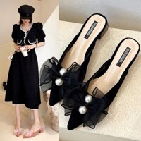 Guốc cao gót nữ 3 cm mũi nhọn gót hở họa tiết đính ngọc trắng dây nơ lụa đế chống trơn trượt &3311