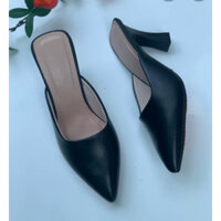 Guốc cao gót vuông nhỏ 7 phân bít mũi da trơn mềm