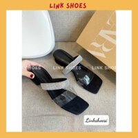 Guốc Dép Cao Gót Nữ Đế Vuông 4 Phân Quai hạt xoàn Siêu Hot Trend đen kem mã BC02