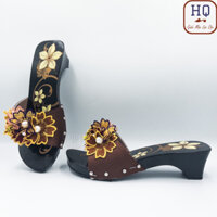 Guốc gỗ 5 phân, dép gỗ quai lụa kết hoa Cát Cánh guốc mộc đế xuồng 5cm mặc áo dài, bà ba, pháp phục, bộ đi lễ chùa
