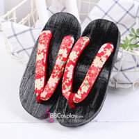 Guốc Gỗ Geta Bản Gỗ Đen Đế Thấp Quai Đỏ Hoa