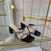 Guốc nữ 7 phân đế vuông đính ngọc tiểu thư L152 Dép cao gót Sandal 7p cm 3 màu trắng đen bạc