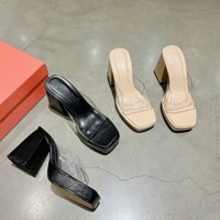 Guốc nữ đế đúp gót vuông 9p da lì quai trong tăng chiều cao