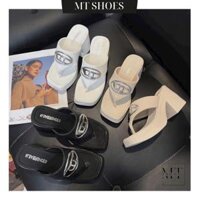Guốc quai kẹp nữ cao 7cm gót vuông đúp phối tag chữ thời trang chất da xi sáp mềm đi êm Dép cao gót MT Shoes