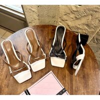 Guốc sandal gót vuông 5p quai ngang phối nơ