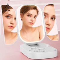 Gương trang điểm ba lần SKJK, Gương trang điểm gắn trên bàn phóng đại 1x / 2x / 3x có đèn LED, chiếu sáng 3 màu có thể điều chỉnh độ sáng Gương mỹ phẩm di động
