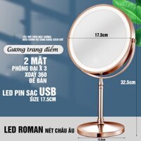 Gương trang điểm để bàn Đồng đỏ đèn LED, phóng đại x3, 2 mặt xoay Minh House