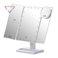 Gương trang điểm gấp ba với 22 đèn LED, 10X / 3X / 2X Độ phóng đại di động có đèn để bàn Gương mỹ phẩm, màu trắng