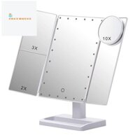 Gương trang điểm gấp ba với 22 đèn LED, 10X / 3X / 2X Độ phóng đại di động có đèn để bàn Gương mỹ phẩm, màu trắng