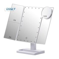 Gương trang điểm gấp ba với 22 đèn LED, 10X / 3X / 2X Độ phóng đại di động có đèn để bàn Gương mỹ phẩm, màu trắng