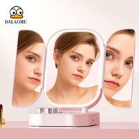 Gương trang điểm hình ba lần DALAOHU, Gương trang điểm gắn trên bàn phóng đại 1x / 2x / 3x có đèn LED, với kính áp tròng Cleaner Độ sáng có thể điều chỉnh Gương mỹ phẩm di động