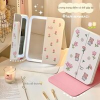 Gương trang điểm hình hoa tulip dễ thương, gương công chúa để bàn, gương gập, gương cầm tay có đèn LED, gương hoạt hình