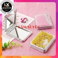 Gương trang điểm mini cầm tay gương gập 2 mặt kim tuyến nước chảy lên xuống