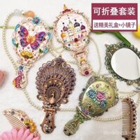 Gương trang điểm phong cách cổ điển bằng kim loại vintage, gương có thể gập lại, cầm tay, bộ lược cho bé gái, quà tặng công chúa