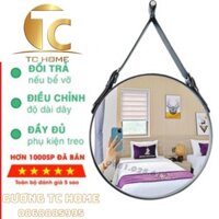 Gương tròn dây da treo tường TC HOME Đường  kính 40cm, Da Simili Cao Cấp, ĐỦ PHỤ KIỆN