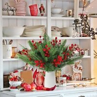 Guouqna 60 Chiếc Cây Thông Nhân Tạo Giả Đỏ Berry Thân Nhánh Cây Xanh Thông Chọn Giáng Sinh Màu Đỏ Holly Berry DIY Xmas Cây Giọt GUOUqna