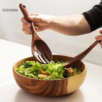 Guouqna Gỗ Thìa Lớn Nĩa Bộ Dao Kéo Phong Cách Nhật Bản Tay Cầm Dài Phục Vụ Salad Muỗng Bộ Đồ Ăn Đồ Dùng Nhà Bếp Bộ Đồ Ăn GUOUqna