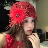 Gutgojo Mũ len dệt kim rỗng, Mũ móc kiểu Hàn Quốc lông vũ Bohemian, Mũ chui đầu dệt thanh lịch Handmade Mũ xếp hình thông thường dành cho nữ