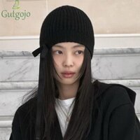 Gutgojo Nơ Mũ Bò, Mũ Dệt Kim Ruy Băng Hàn Quốc Ấm Áp, Thời Trang Jennie Phong Cách Len Đen Mũ Chui Đầu Ấm Áp