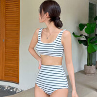 Gwenny M-XL Áo tắm lưng cao nữ sọc đơn giản du lịch ngày lễ Hàn Quốc 2 chiếc bikini