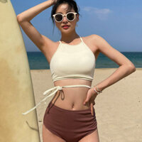 Gwenny M-XL Áo tắm lưng cao Hàn Quốc kỳ nghỉ du lịch dây nịt nữ 2 chiếc bikini