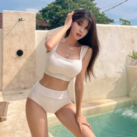 Gwenny M-XL Áo tắm lưng cao phong cách Hàn Quốc gợi cảm màu đen trắng bơi kỳ nghỉ bơi lội nữ đi biển