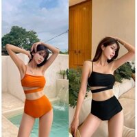 Gwenny M-XL Áo tắm lưng cao phong cách Hàn Quốc gợi cảm màu đen cam bơi kỳ nghỉ bơi lội nữ đi biển