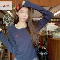 (H & V) Áo thun dài tay cổ tròn chắp vá ren mùa thu Hàn Quốc dành cho nữ MỚI