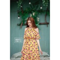 H0271 ĐẦM MAXI HOA HỒNG NỀN RỚT VAI