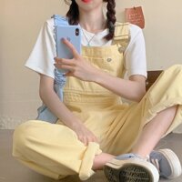 (H107) Yếm Quần Trơn Ống Rộng Màu Vàng Pastel Cute Phong Cách Hàn Quốc ❤️