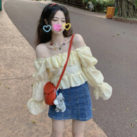 (H217) Set Áo Voan Bèo Cổ Chun Kèm Chân Váy Jean Xanh Phong Cách Hàn Quốc❤️