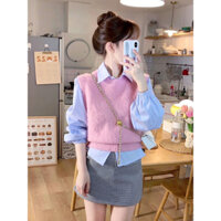 (H308) Set Áo Gile Len Cổ Tròn Trơn Màu Hồng Kèm Áo Sơ Mi Xanh Bo Tay Phong Cách Hàn Quốc 💓