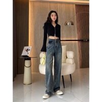 h803-Quần Jeans Ống Rộng Lưng Cao Thiết Kế Túi Phối Màu Cực Đẹp Thời Trang Phong Cách Hàn Quốc