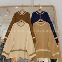 [Hạ Giá]- [L0024]🐮 Áo len cổ tròn mix viền be form rộng phong cách Hàn Quốc (Có sẵn/ảnh thật) -p0 xả