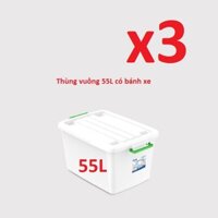 (Hà Nội) Combo 3 thùng nhựa 55 lít Duy Tân có bánh xe ( Hàng Chính Hãng)