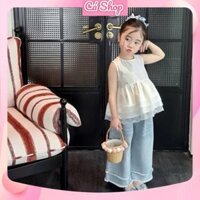 HA10, Bộ quần áo bé gái, Set áo trắng sát nách phối ren kèm quần bò jean mềm cho bé gái